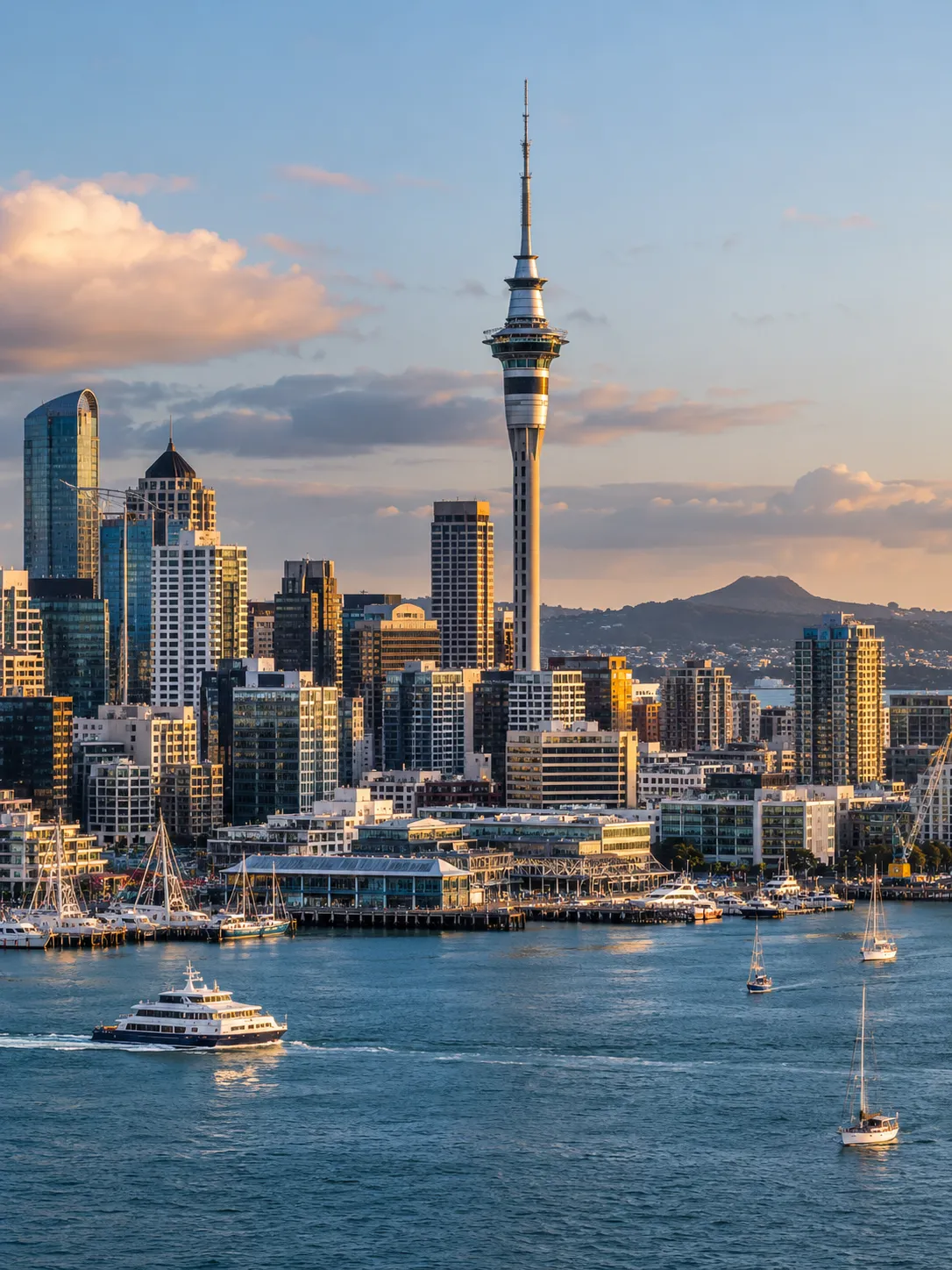 Auckland waterfront and Sky Tower at golden hour
