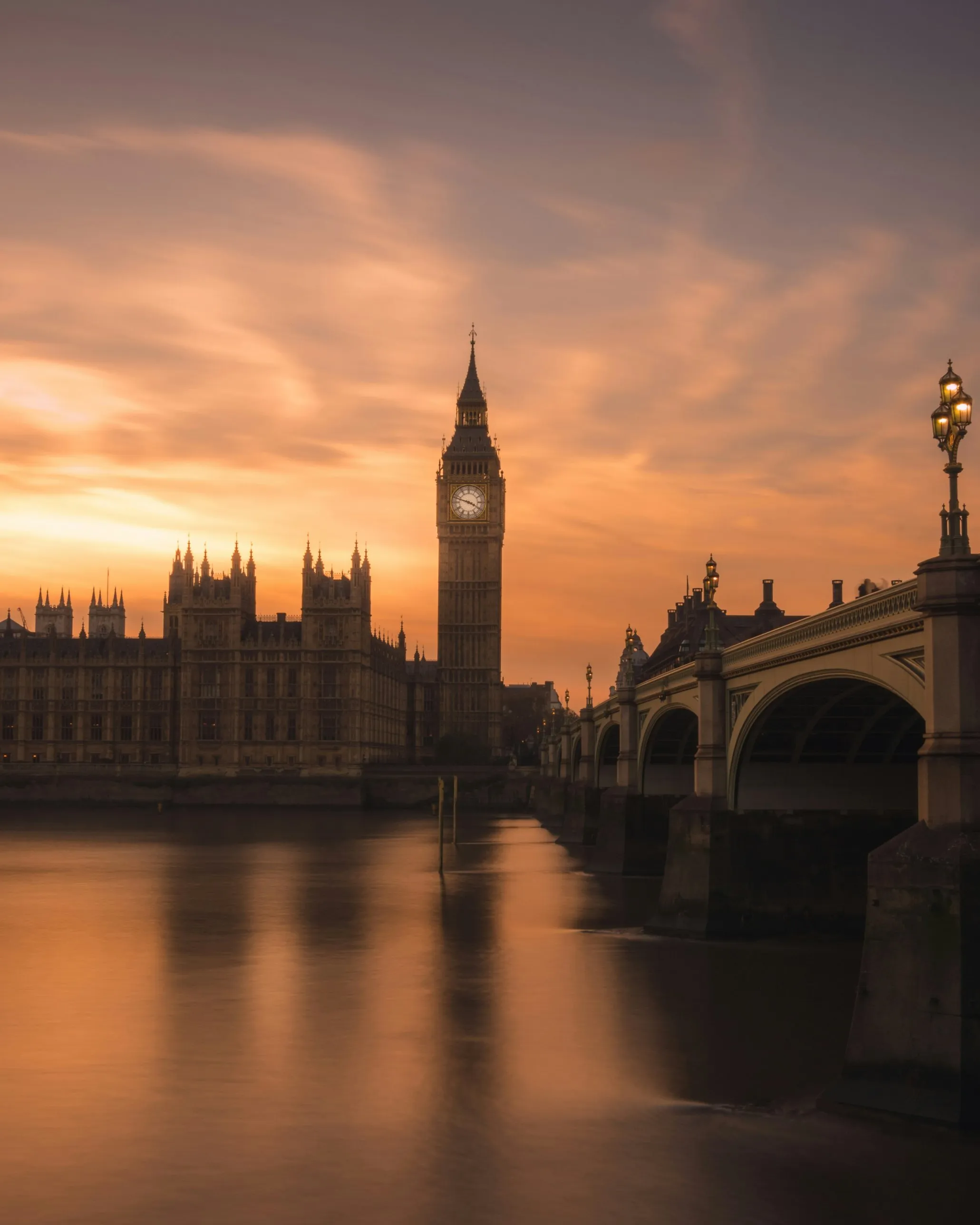 The Palace of Westminster and Big Ben across the Thames at sunset